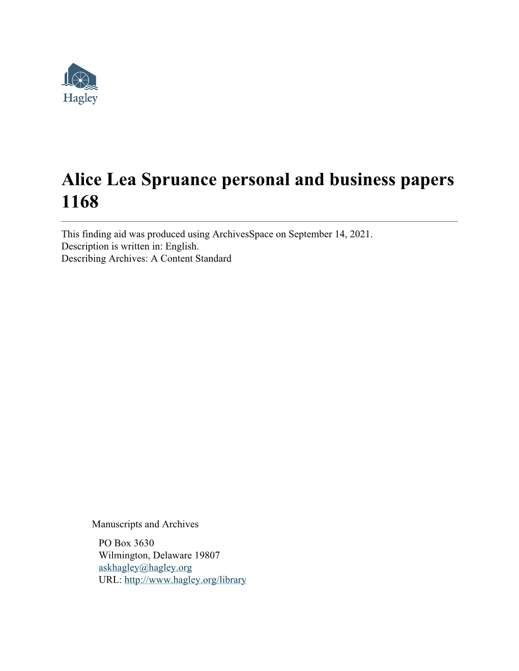 Alice Lea Spruance Personal and Business Papers 1168
