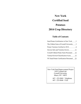 New York Certified Seed Potatoes 2014 Crop Directory