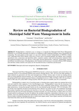 Review on Bacterial Biodegradation of Municipal Solid Waste Management in India