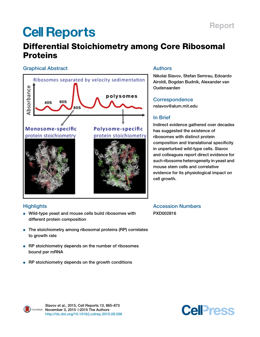Differential Stoichiometry Among Core Ribosomal Proteins