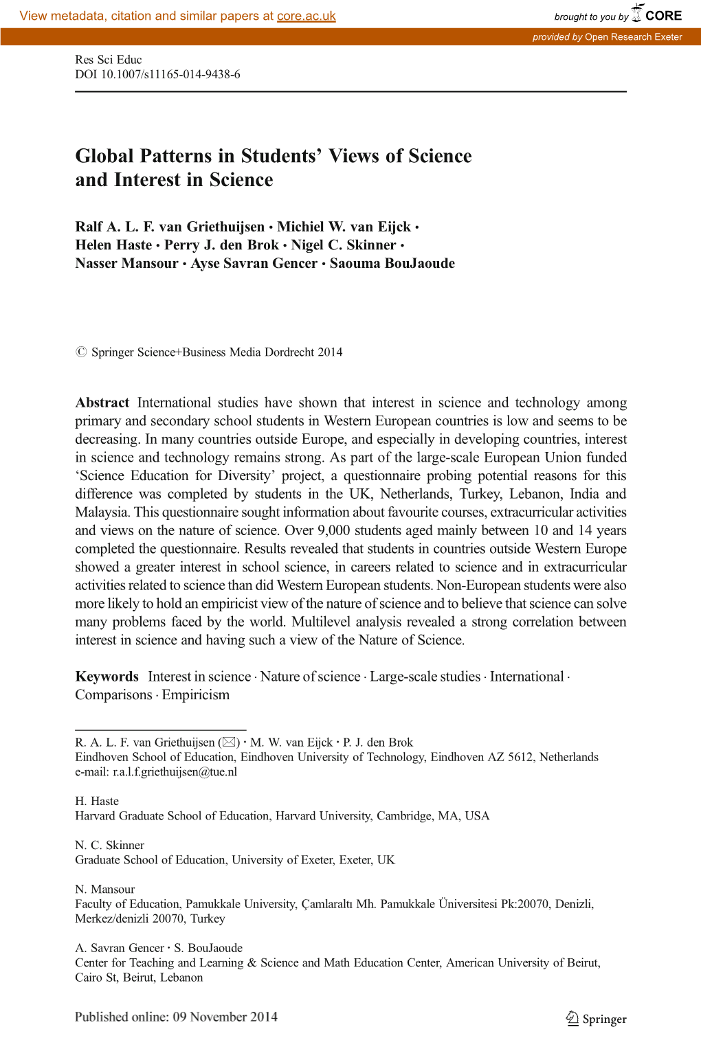 Global Patterns in Students' Views of Science and Interest In