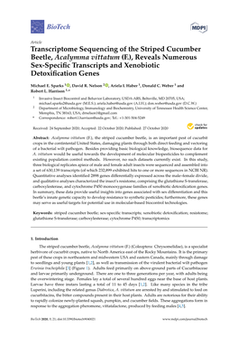 Transcriptome Sequencing of the Striped Cucumber Beetle, Acalymma Vittatum (F.), Reveals Numerous Sex-Speciﬁc Transcripts and Xenobiotic Detoxiﬁcation Genes