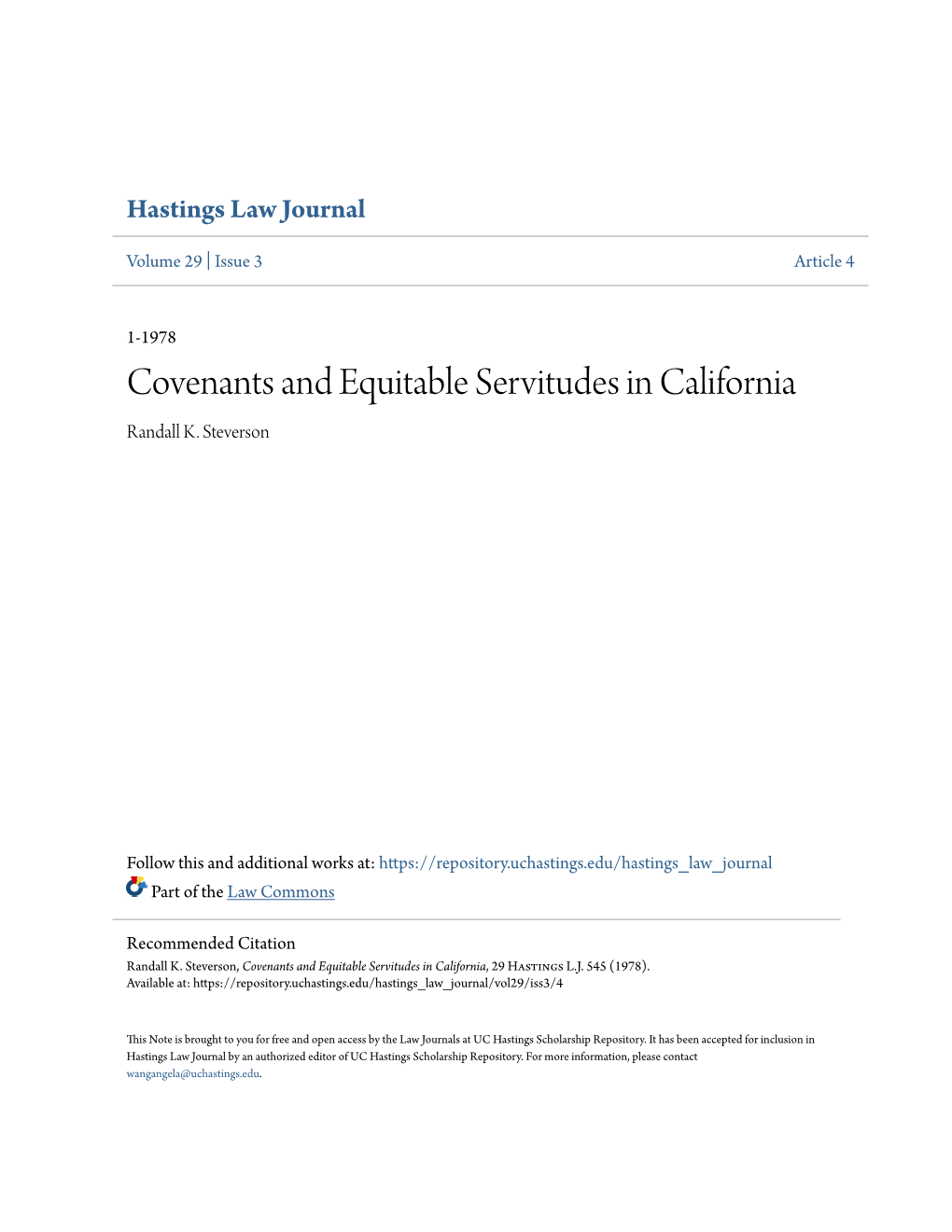 Covenants and Equitable Servitudes in California Randall K