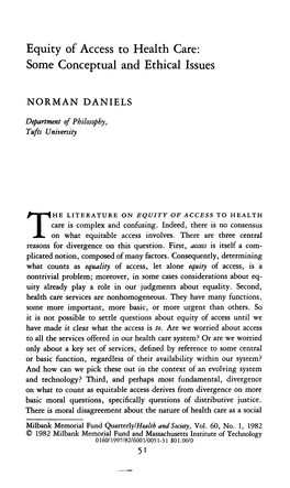 Equity of Access to Health Care: Some Conceptual and Ethical Issues