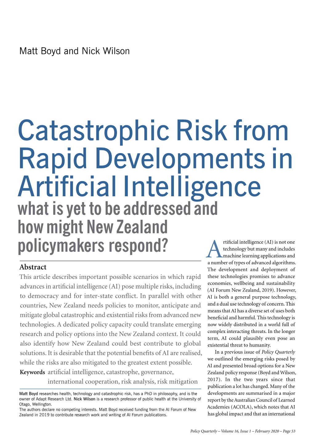 Catastrophic Risk from Rapid Developments in Artificial Intelligence