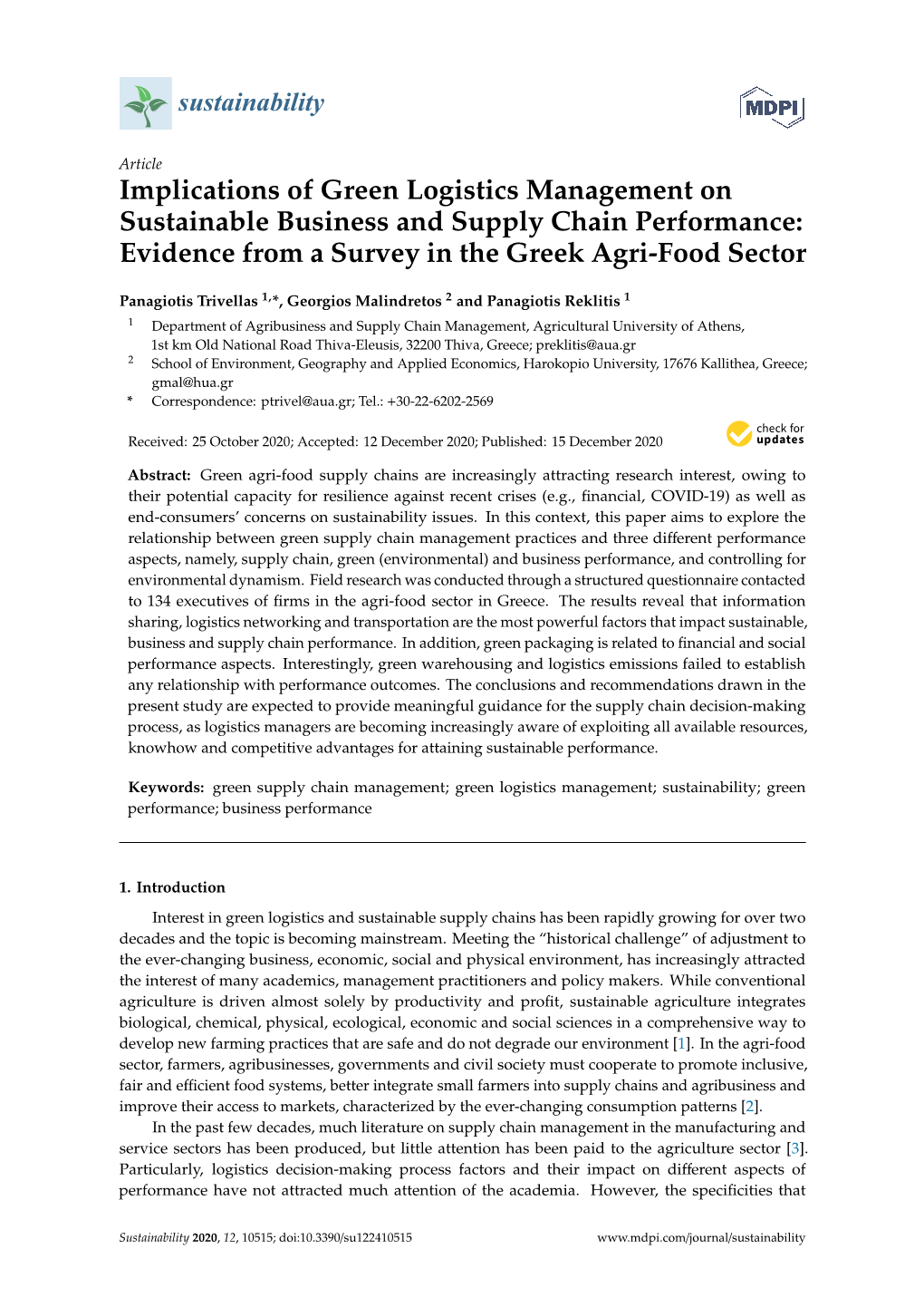 Implications of Green Logistics Management on Sustainable Business and Supply Chain Performance: Evidence from a Survey in the Greek Agri-Food Sector