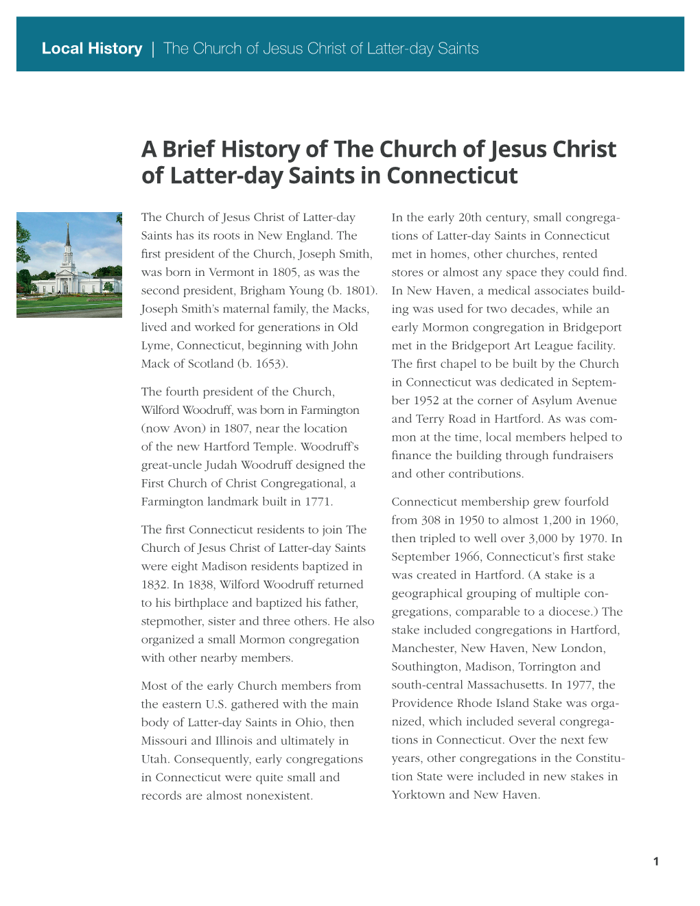 A Brief History of the Church of Jesus Christ of Latter-Day Saints in Connecticut