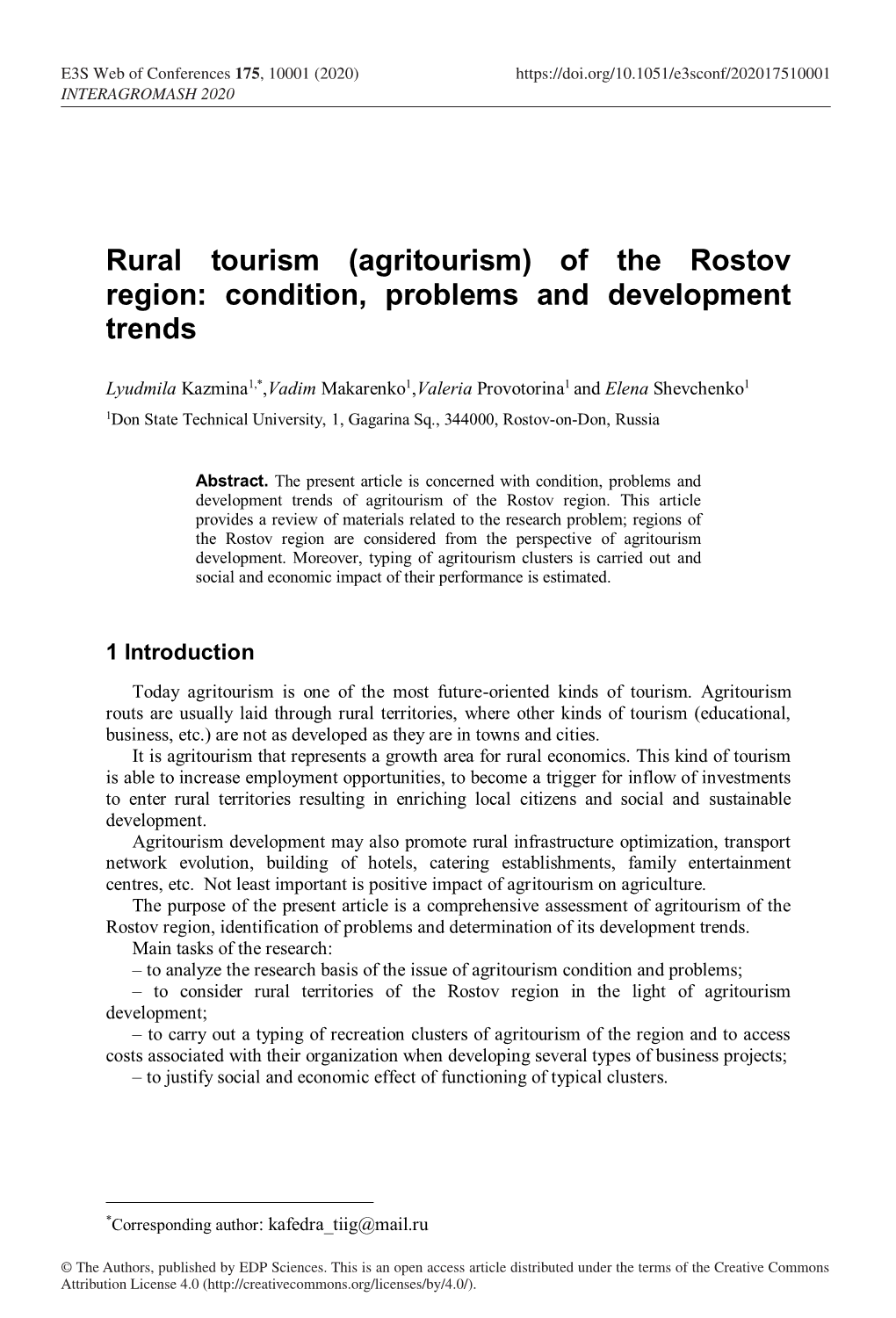 Rural Tourism (Agritourism) of the Rostov Region: Condition, Problems and Development Trends