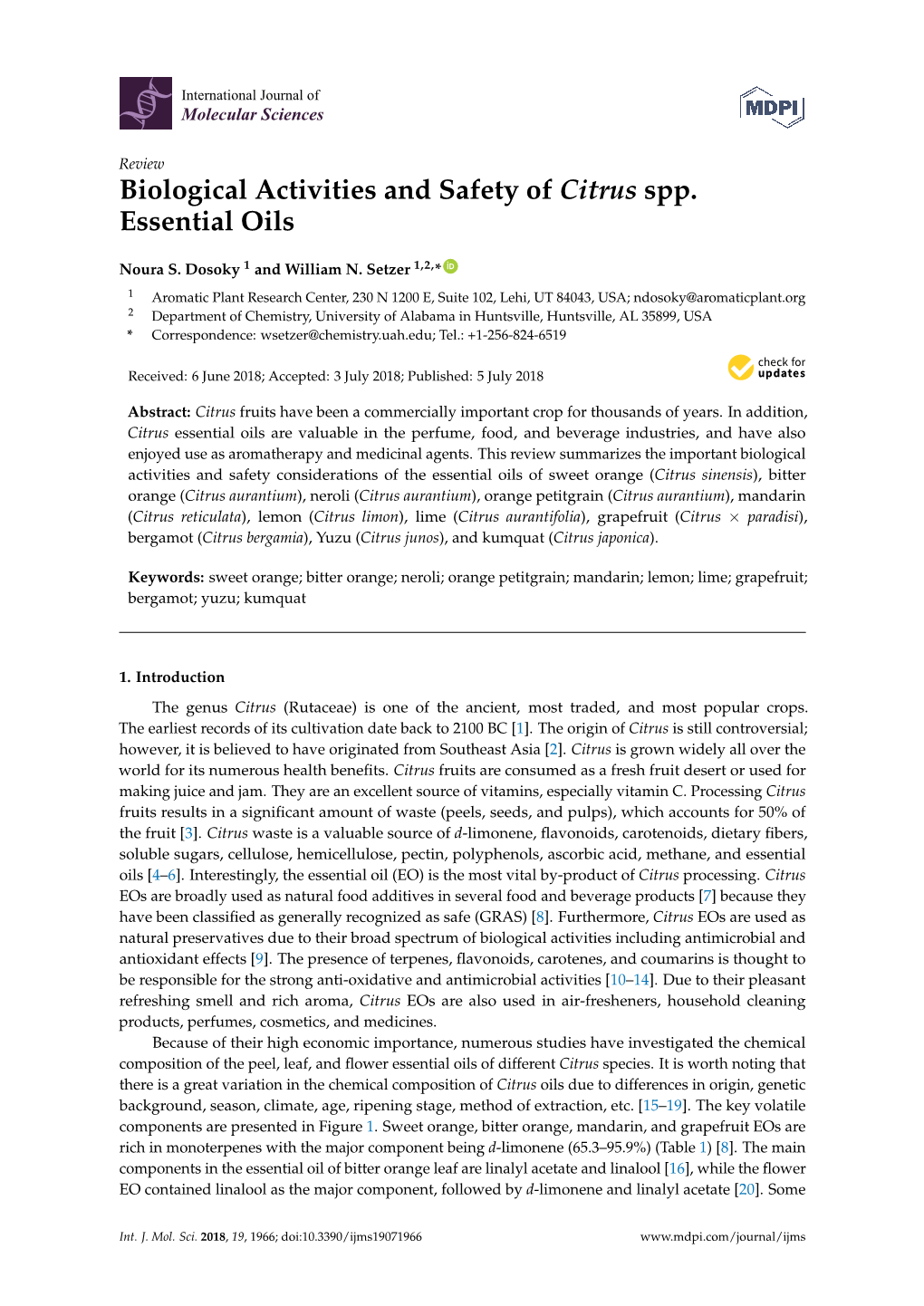 Biological Activities and Safety of Citrus Spp. Essential Oils