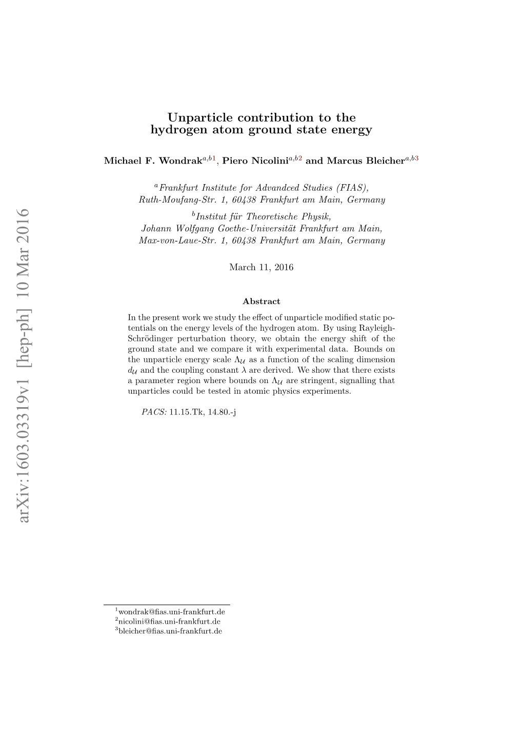 Unparticle Contribution to the Hydrogen Atom Ground State Energy