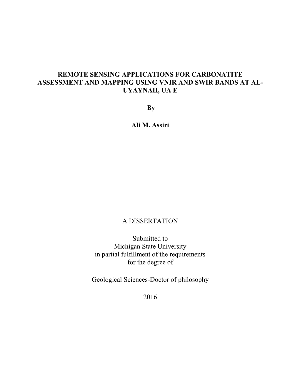 Remote Sensing Applications for Carbonatite Assessment and Mapping Using Vnir and Swir Bands at Al- Uyaynah, Ua E