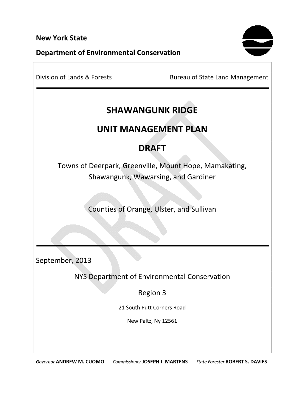 Shawangunk Ridge Draft Unit Management Plan