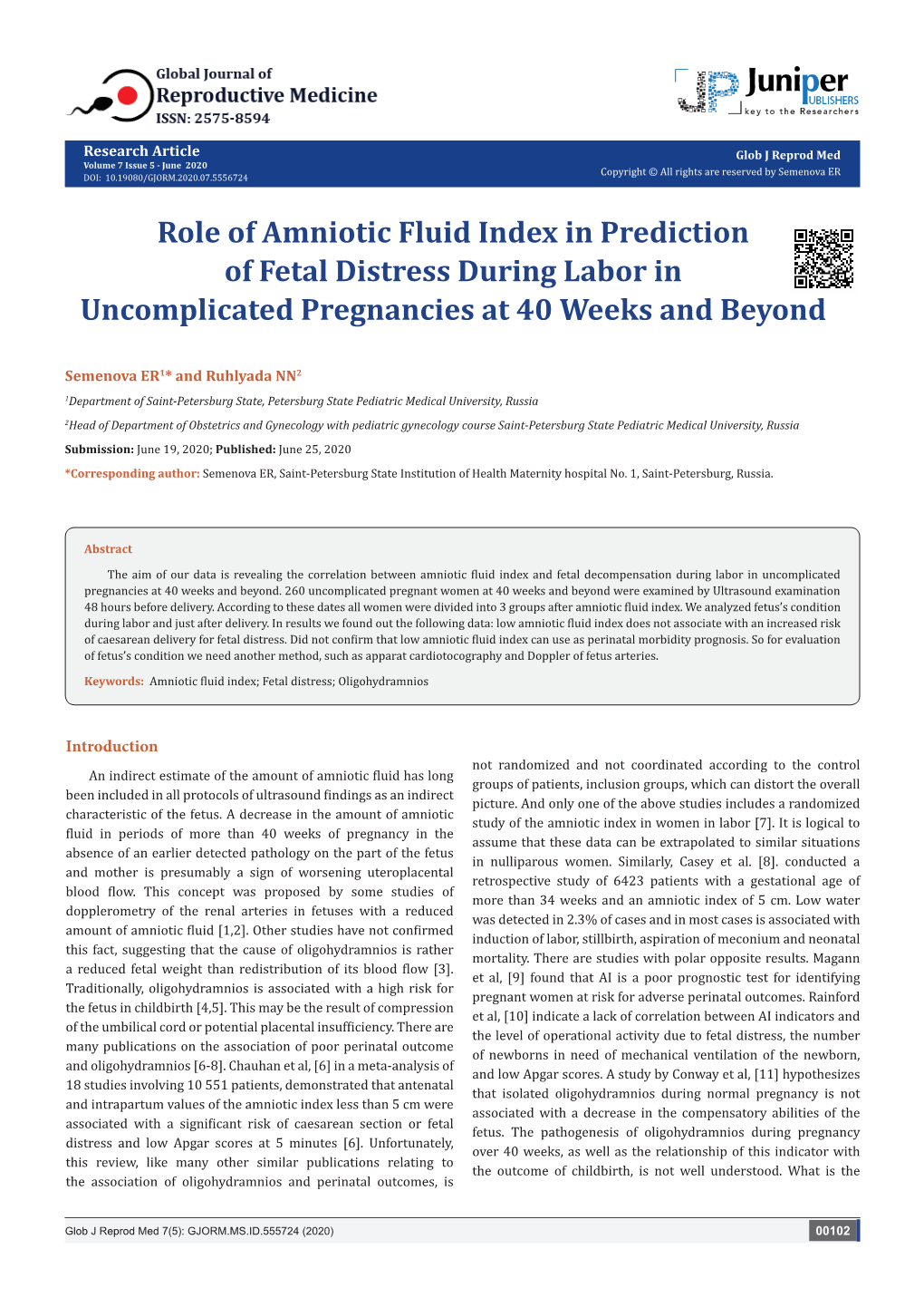 Role of Amniotic Fluid Index in Prediction of Fetal Distress During Labor in Uncomplicated Pregnancies at 40 Weeks and Beyond