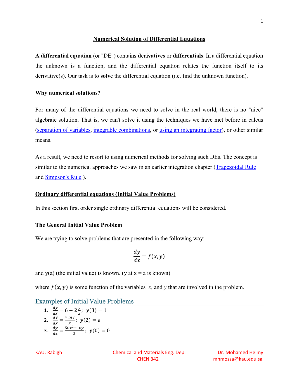 Examples of Initial Value Problems 푑푦 푦 1