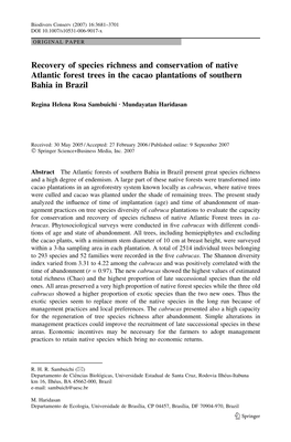 Recovery of Species Richness and Conservation of Native Atlantic Forest Trees in the Cacao Plantations of Southern Bahia in Brazil
