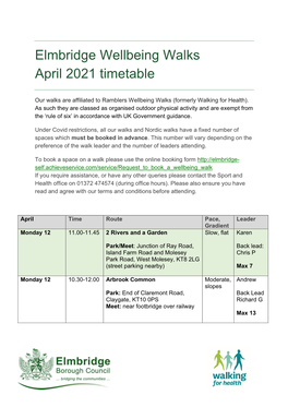 Elmbridge Wellbeing Walks April 2021 Timetable