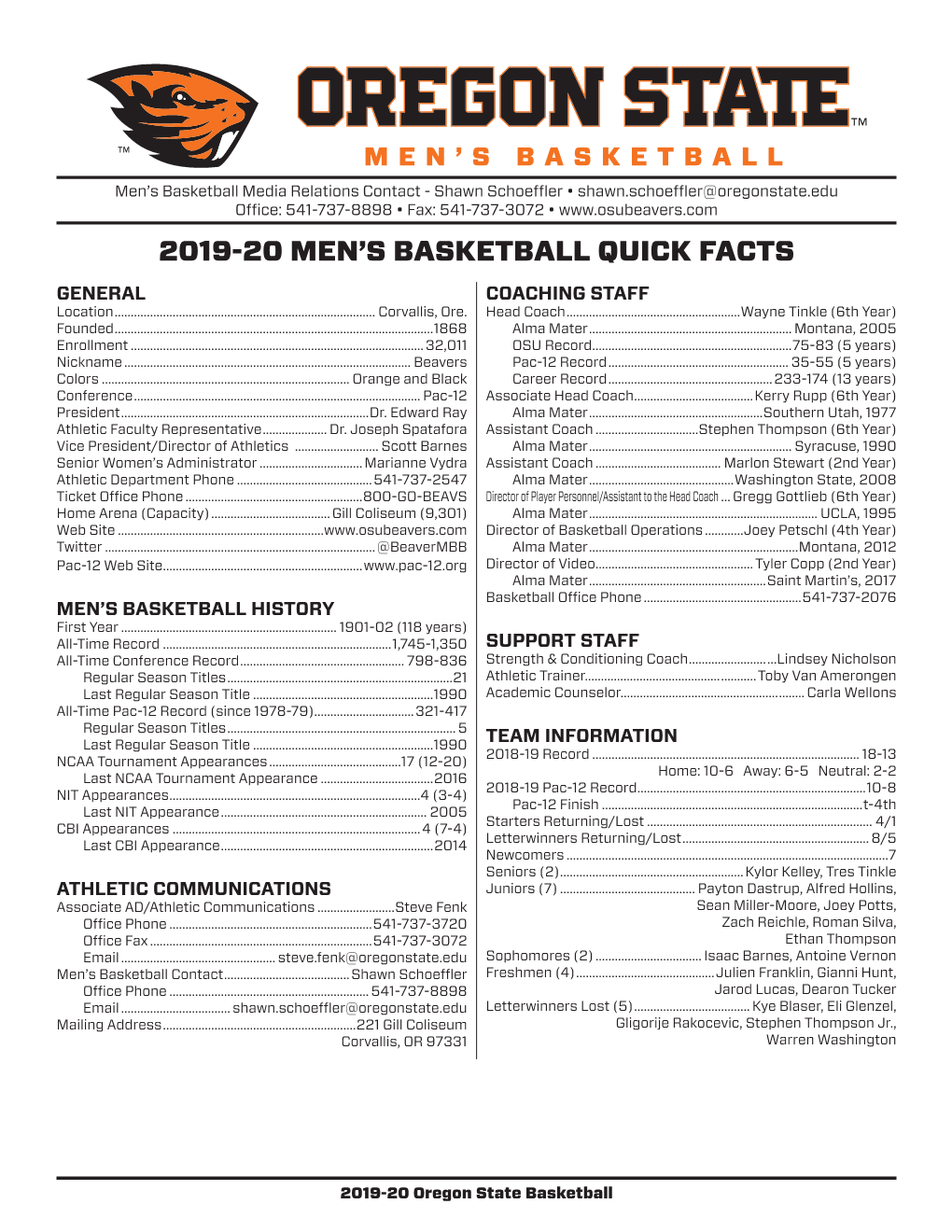 2019-20 Men's Basketball Quick Facts