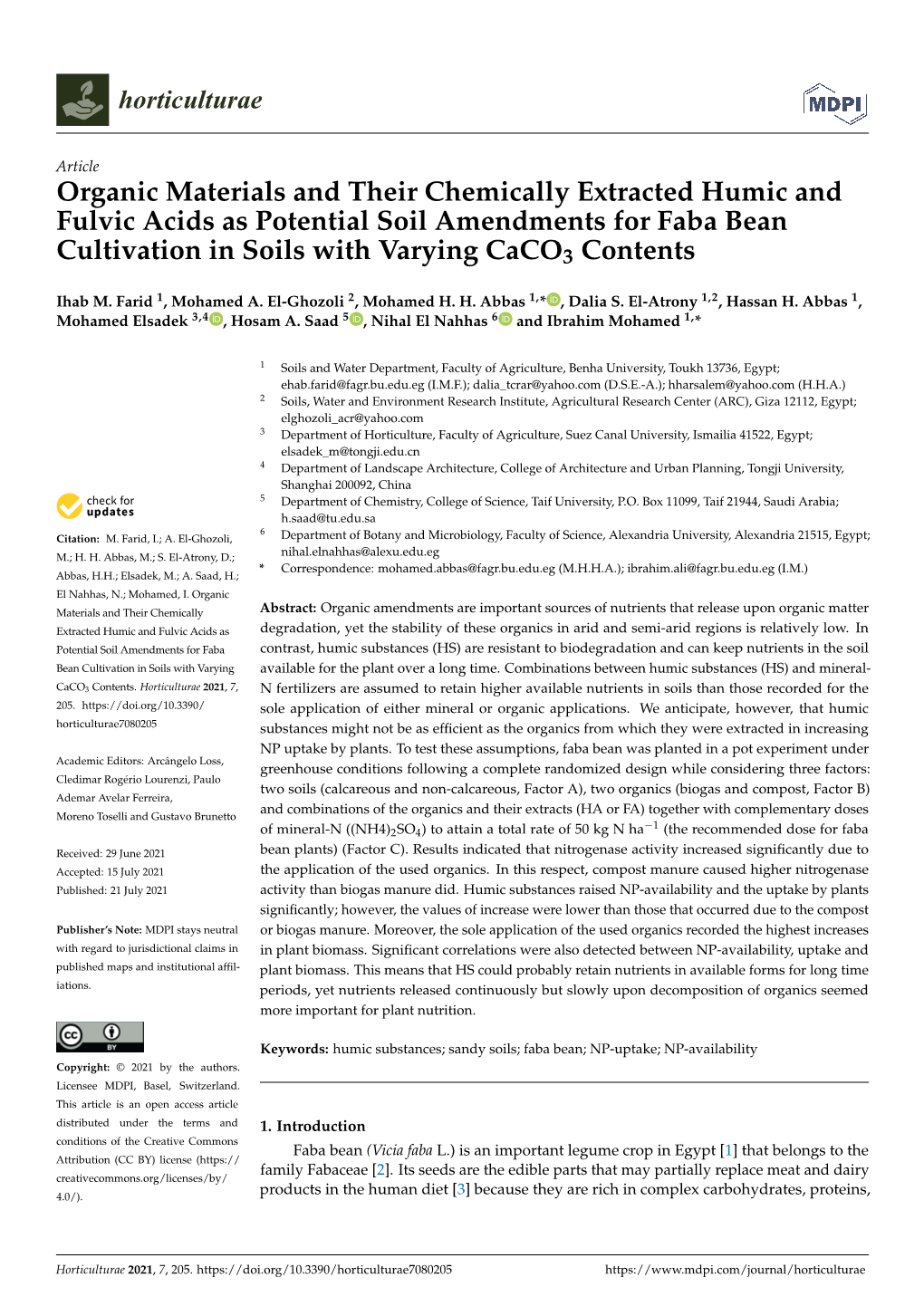 Organic Materials and Their Chemically Extracted Humic and Fulvic Acids As Potential Soil Amendments for Faba Bean Cultivation in Soils with Varying Caco3 Contents