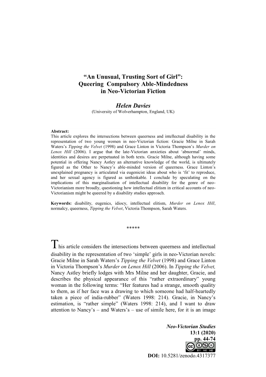 An Unusual, Trusting Sort of Girl”: Queering Compulsory Able-Mindedness in Neo-Victorian Fiction