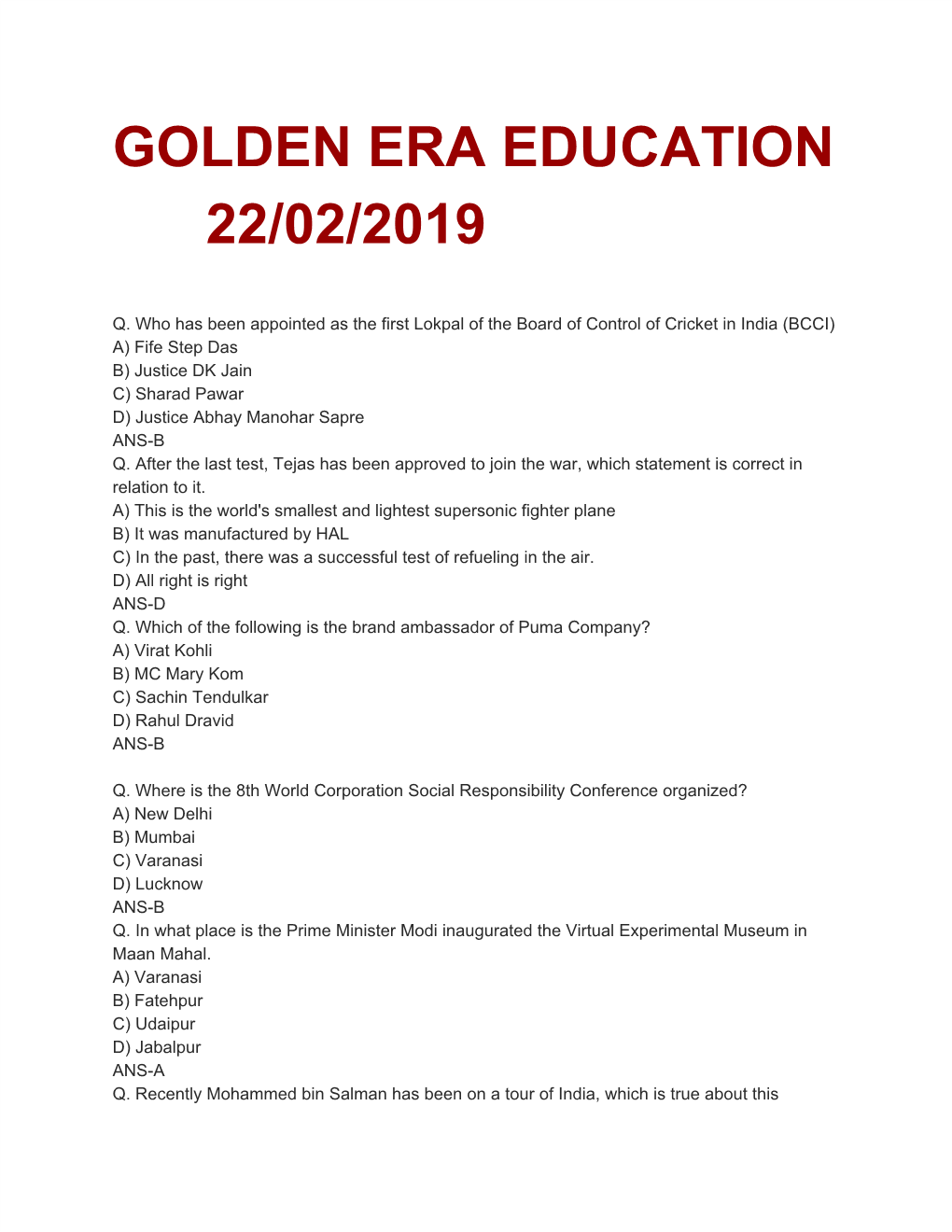 Golden Era Education 22/02/2019