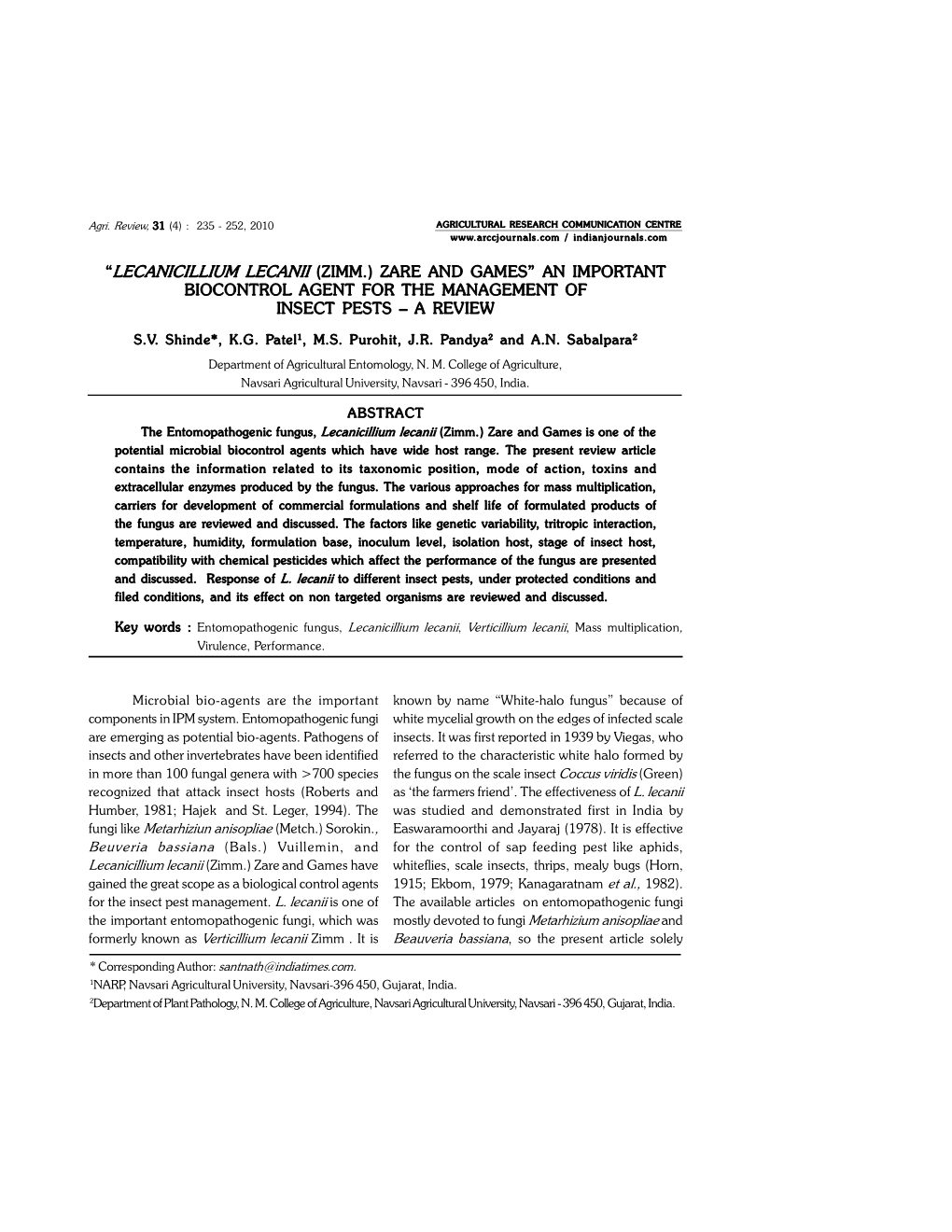 Lecanicillium Lecanii (Zimm.) Zare and Games” an Important Biocontrol Agent for the Management of Insect Pests – a Review