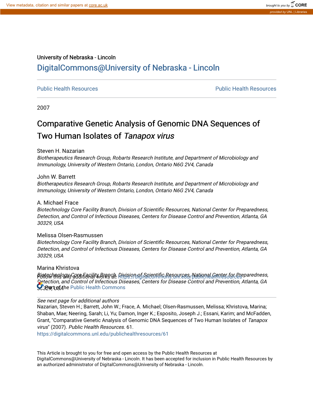 Comparative Genetic Analysis of Genomic DNA Sequences of Two Human Isolates of Tanapox Virus