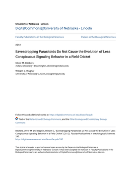 Eavesdropping Parasitoids Do Not Cause the Evolution of Less Conspicuous Signaling Behavior in a Field Cricket