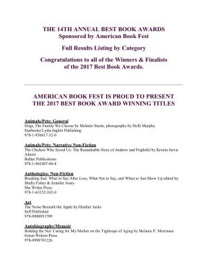 THE 14TH ANNUAL BEST BOOK AWARDS Sponsored by American Book Fest
