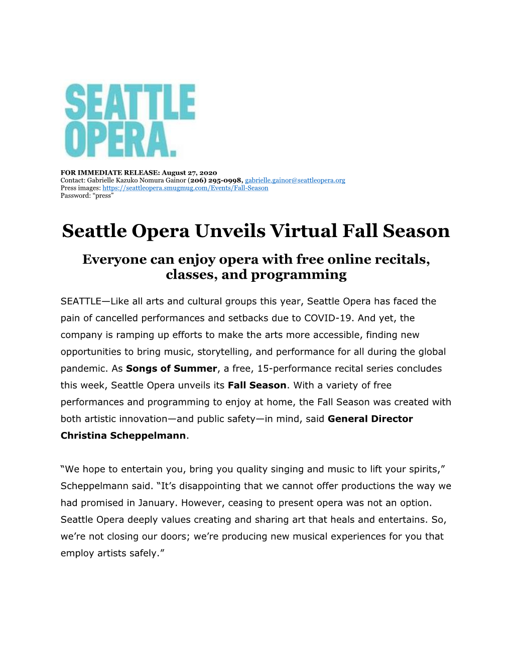 Seattle Opera Unveils Virtual Fall Season