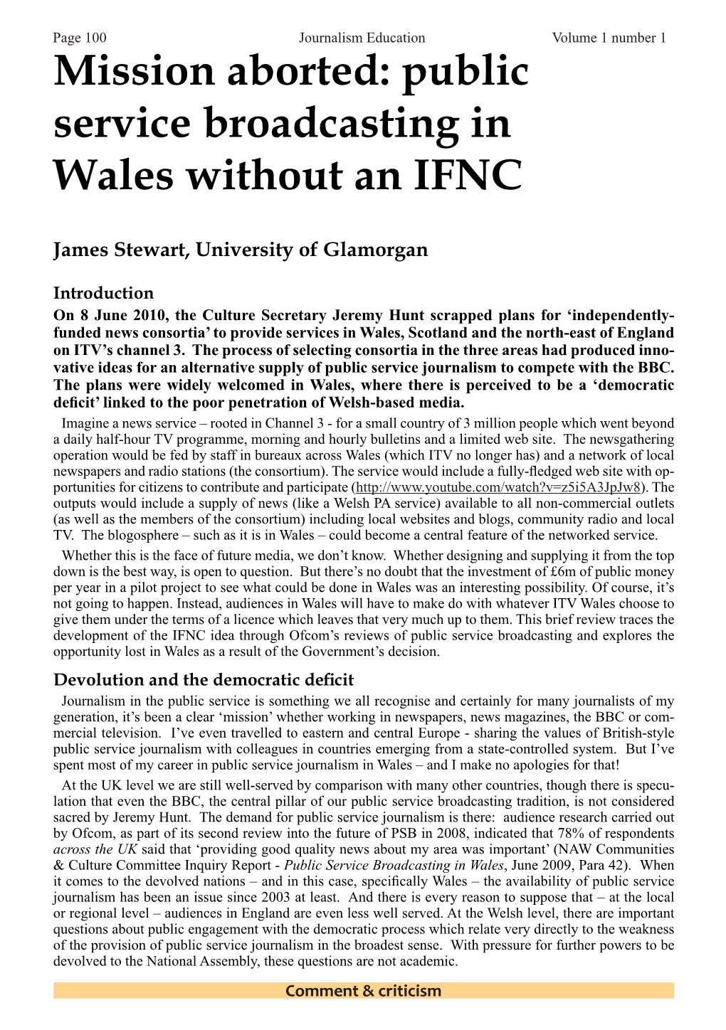 Mission Aborted: Public Service Broadcasting in Wales Without an IFNC