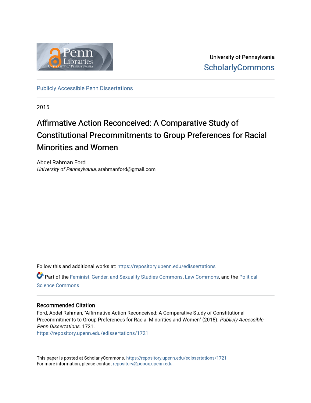 Affirmative Action Reconceived: a Comparative Study of Constitutional Precommitments to Group Preferences for Racial Minorities and Women