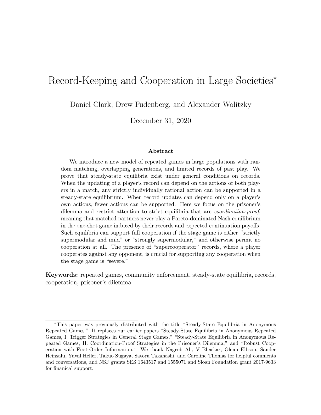 Record-Keeping and Cooperation in Large Societies∗