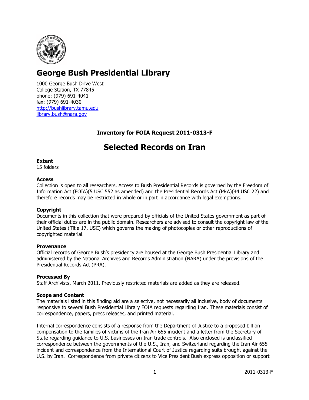 George Bush Presidential Library Selected Records on Iran