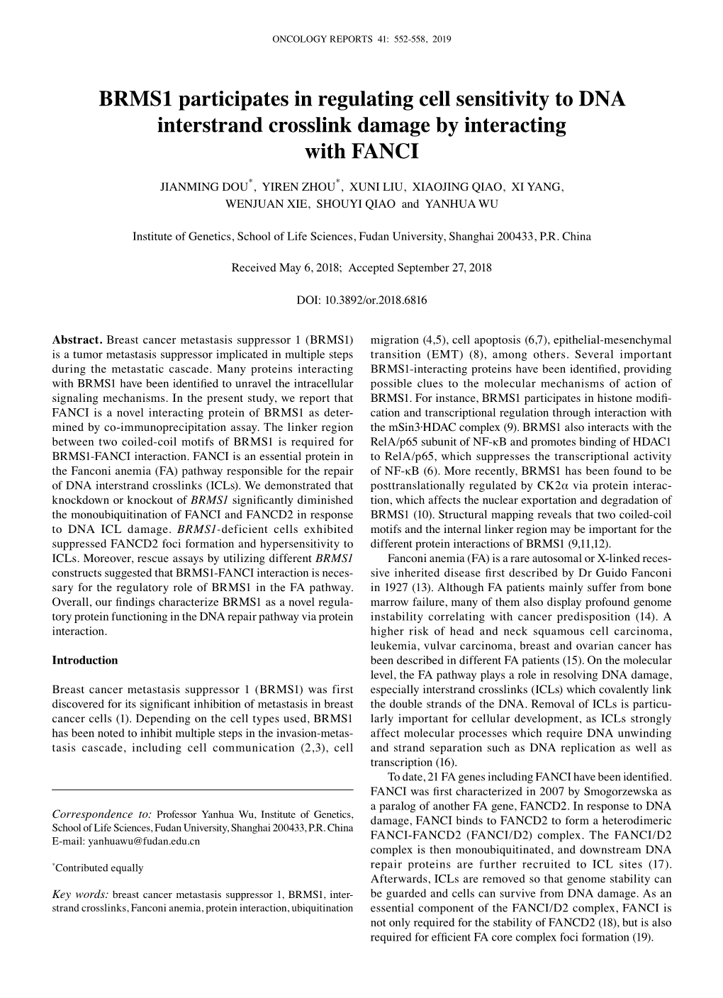 BRMS1 Participates in Regulating Cell Sensitivity to DNA Interstrand Crosslink Damage by Interacting with FANCI