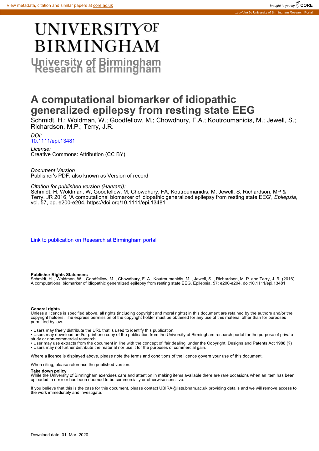 A Computational Biomarker of Idiopathic Generalized