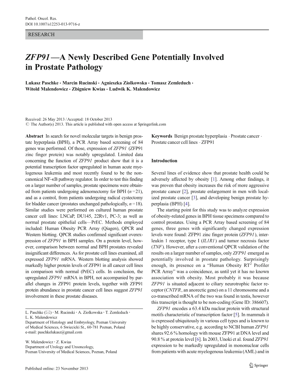 ZFP91—A Newly Described Gene Potentially Involved in Prostate Pathology