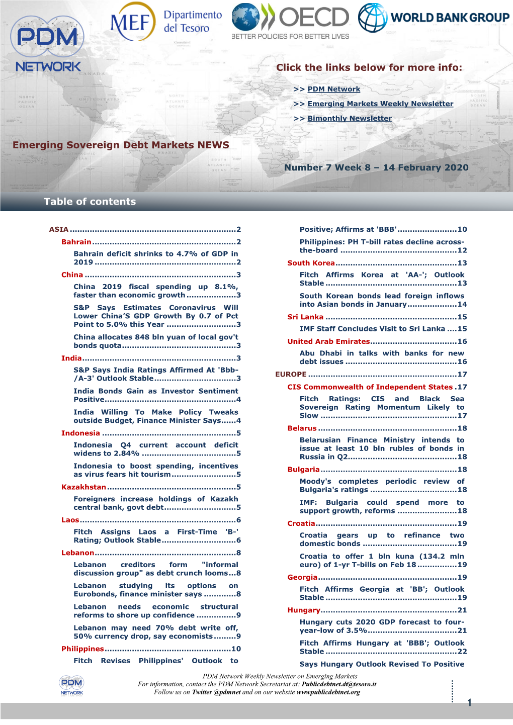 Emerging Sovereign Debt Markets NEWS Table of Contents
