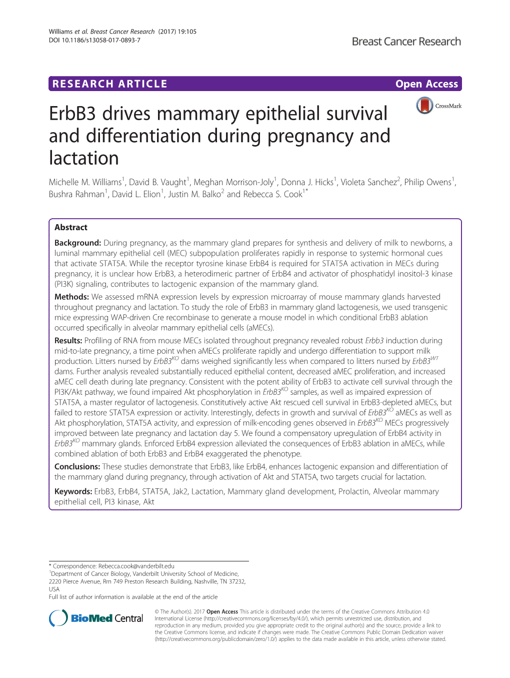 Erbb3 Drives Mammary Epithelial Survival and Differentiation During Pregnancy and Lactation Michelle M