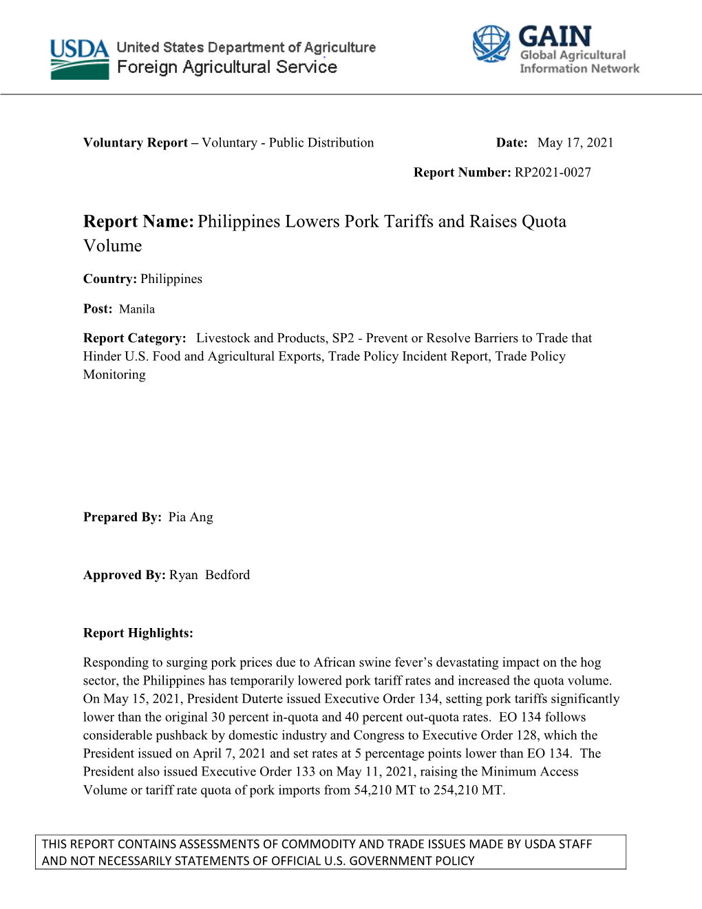 Report Name:Philippines Lowers Pork Tariffs and Raises Quota Volume