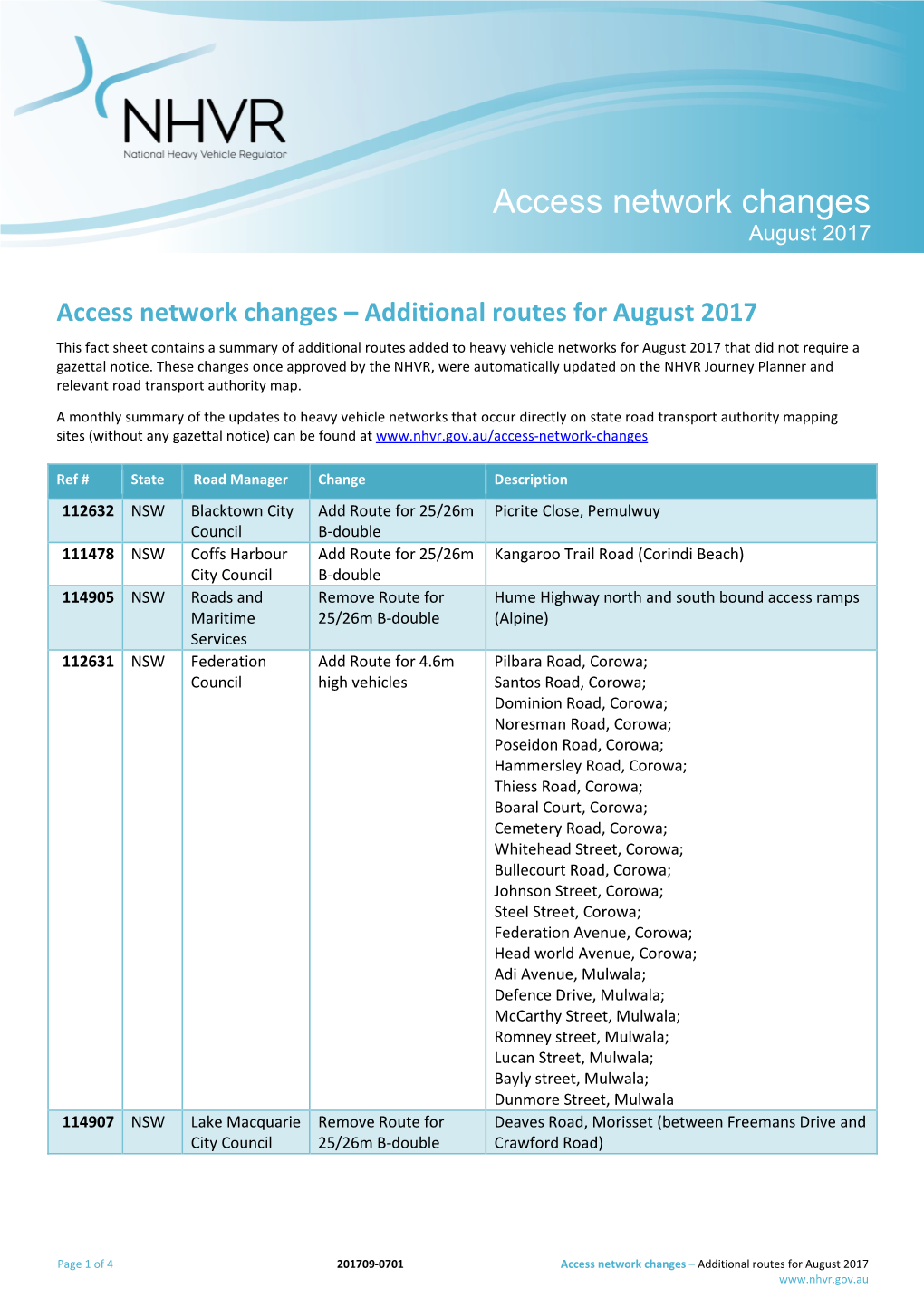 Access Network Changes August 2017