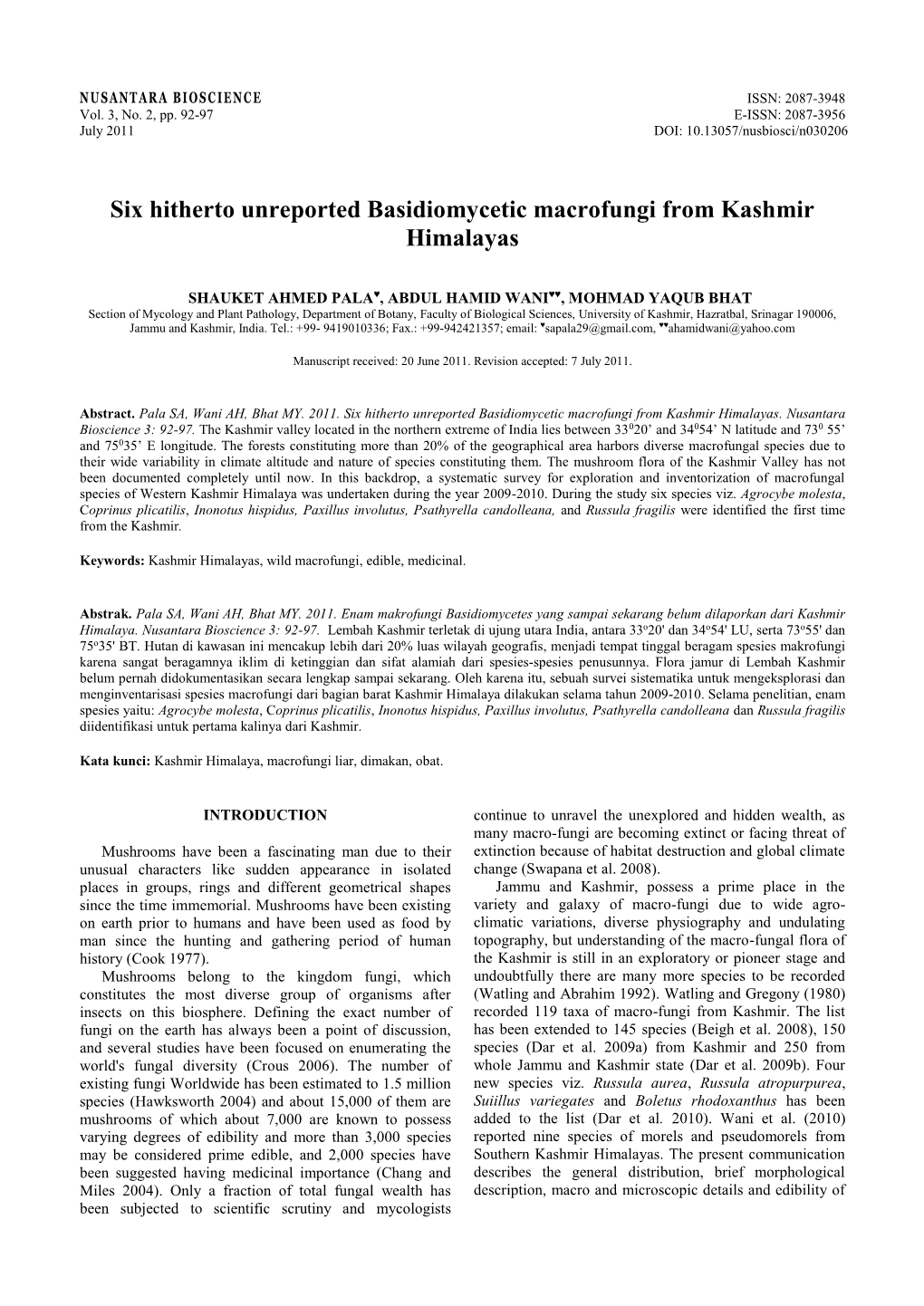 Six Hitherto Unreported Basidiomycetic Macrofungi from Kashmir Himalayas
