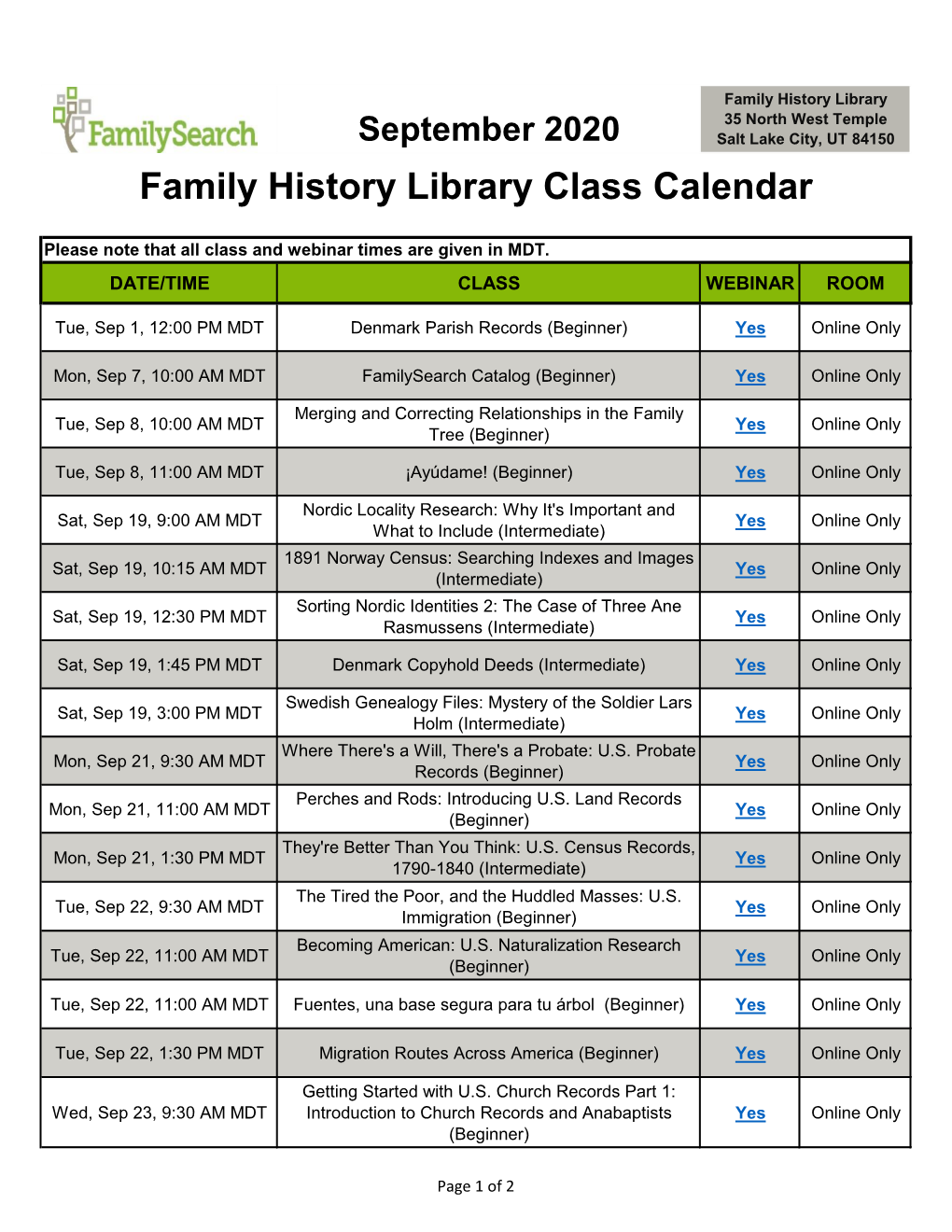 Family History Library Class Calendar