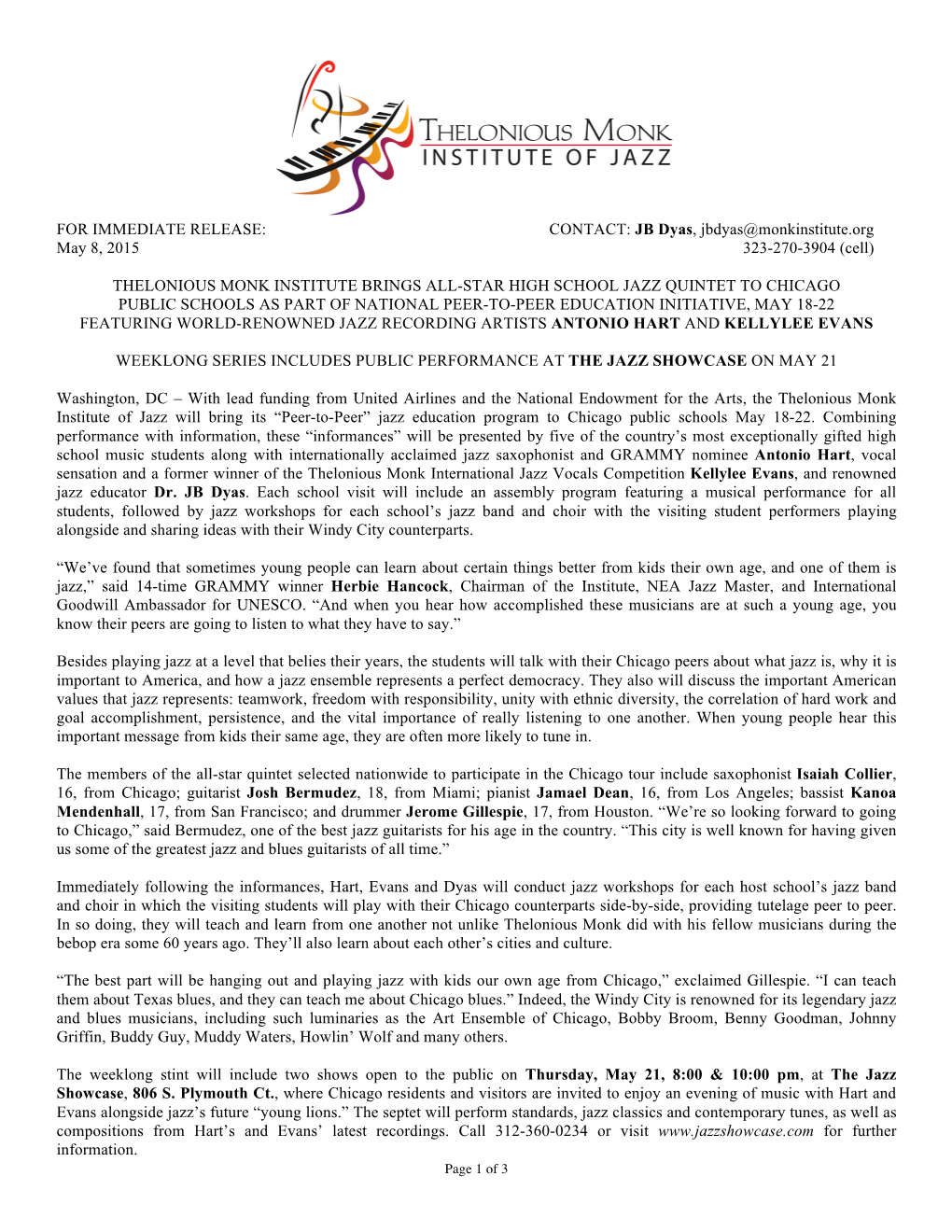 All-Star Peer-To-Peer Jazz Informance Tour Press Release (Chicago