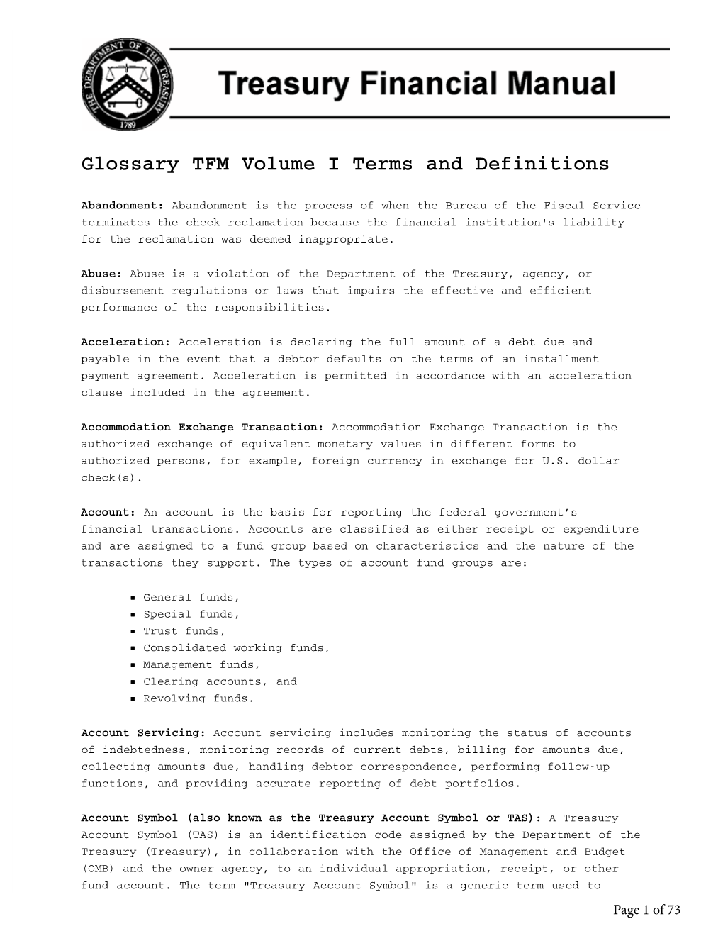 Glossary TFM Volume I Terms and Definitions