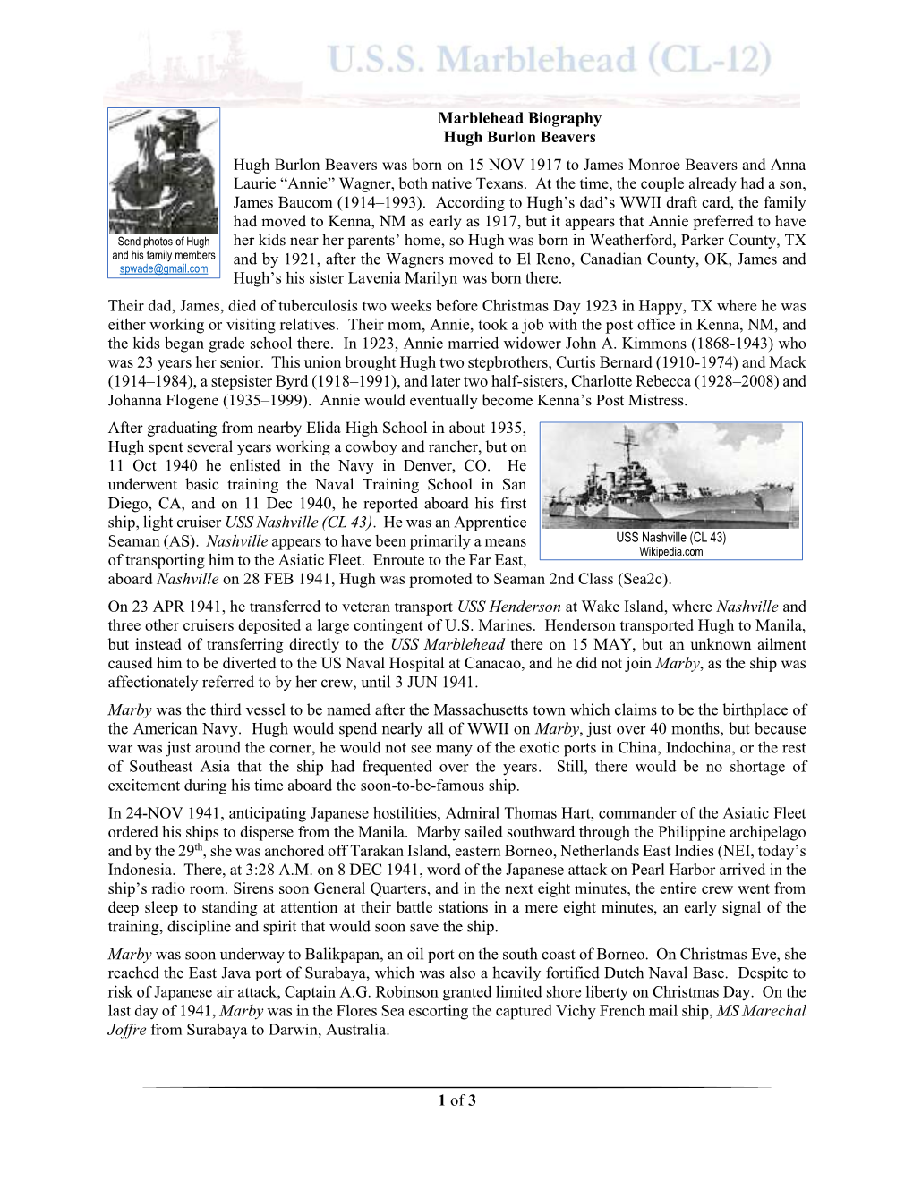 1 of 3 Marblehead Biography Hugh Burlon Beavers Hugh Burlon Beavers Was Born on 15 NOV 1917 to James Monroe Beavers and Anna