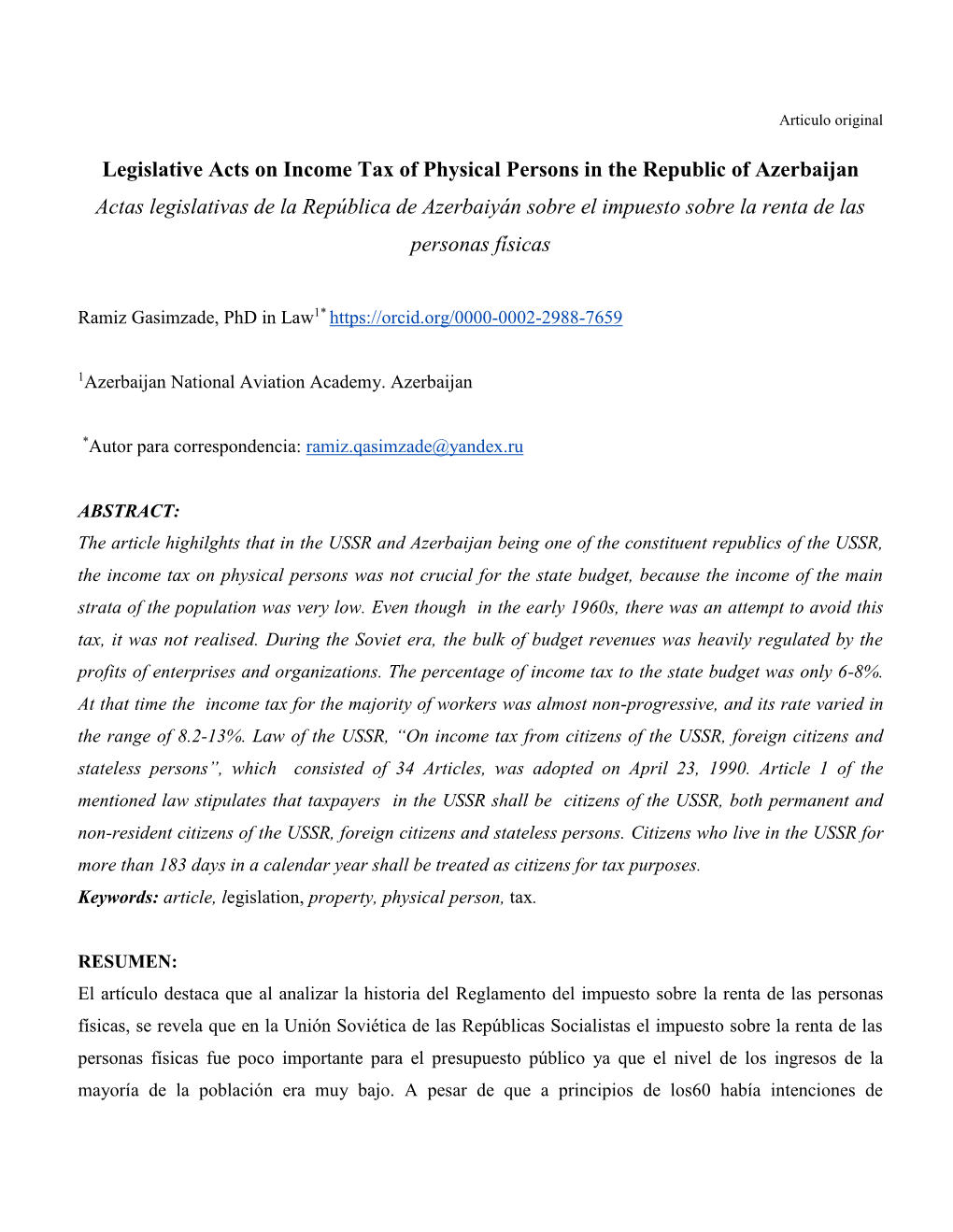 Legislative Acts on Income Tax of Physical Persons in the Republic Of