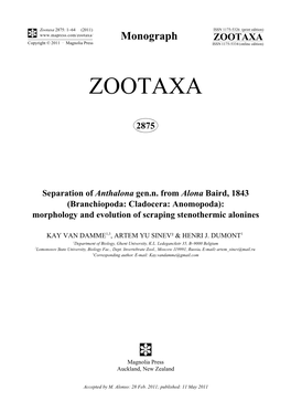 Separation of Anthalona Gen.N. from Alona Baird, 1843 (Branchiopoda: Cladocera: Anomopoda): Morphology and Evolution of Scraping Stenothermic Alonines