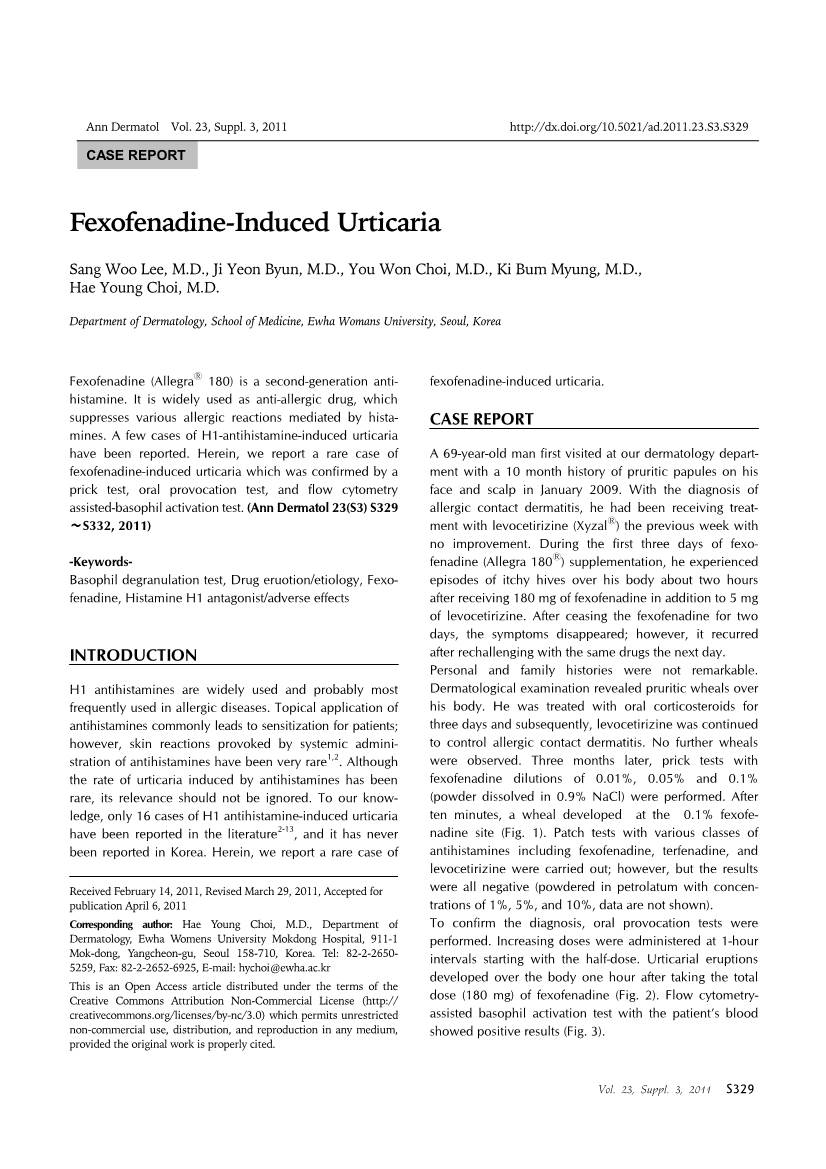 Fexofenadine-Induced Urticaria Ann Dermatol Vol