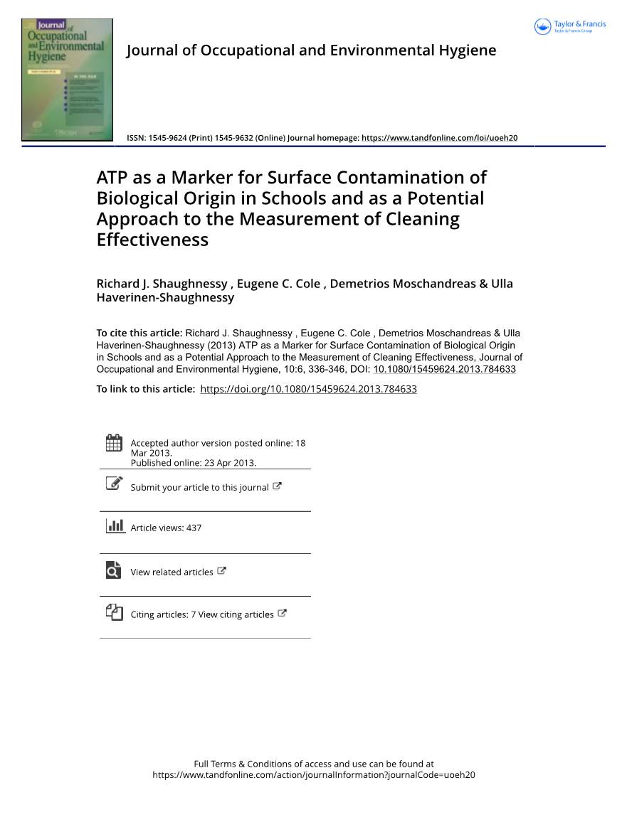 ATP As a Marker for Surface Contamination of Biological Origin in Schools and As a Potential Approach to the Measurement of Cleaning Effectiveness