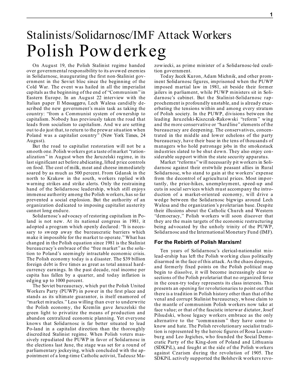 Stalinists/Solidarnosc/IMF Attack Workers Polish Powderkeg